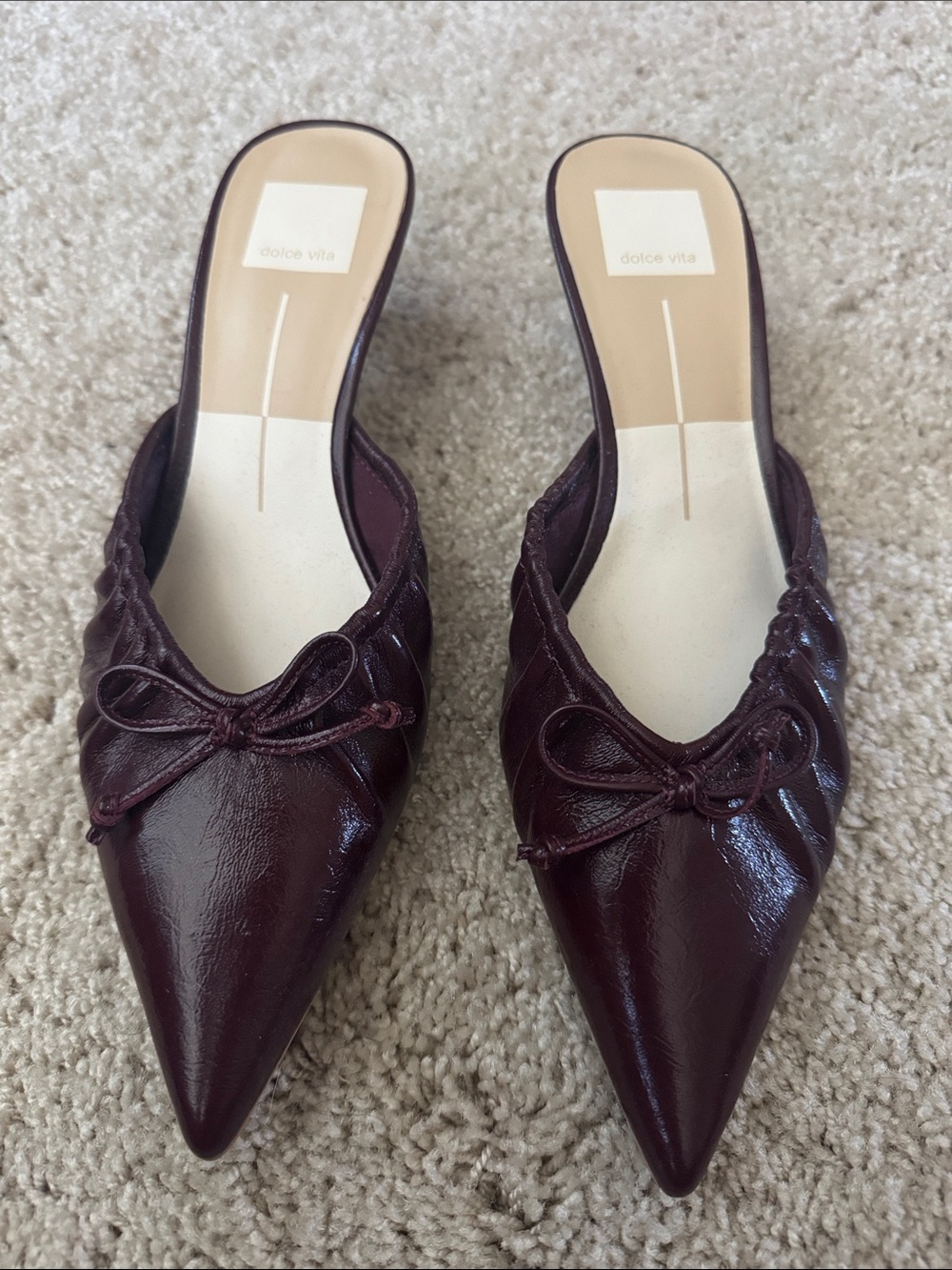Dolce Vita Burgundy Patent Pointed-Toe Slip-On Mules with Bow